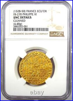 1328 France Gold Philippe VI Ecu D'Or Gold Coin. NGC Uncirculated Detail UNC MS