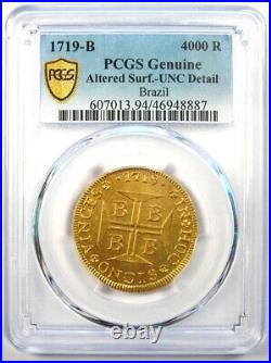 1719 Brazil Gold Joao V 4000 Reis Coin 4000R PCGS Uncirculated Detail (UNC MS)
