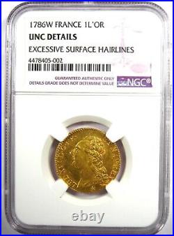 1786-W France Gold Louis XVI d'Or Coin 1 L'OR. NGC Uncirculated Detail (UNC MS)
