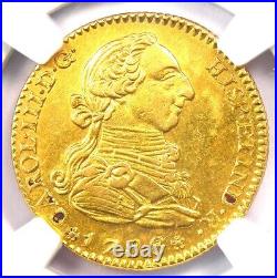 1788 Spain Charles III 2 Escudos Gold Coin 2E NGC Uncirculated Detail UNC MS