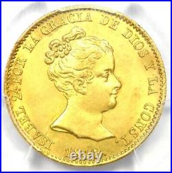 1842 Gold Spain Isabel 80 Reales Gold Coin G80R. PCGS Uncirculated Detail UNC MS