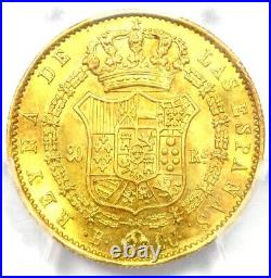 1842 Gold Spain Isabel 80 Reales Gold Coin G80R. PCGS Uncirculated Detail UNC MS