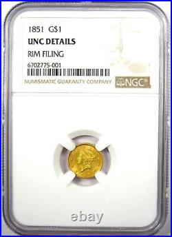 1851 Liberty Gold Dollar G$1 Coin Certified NGC Uncirculated Details (UNC MS)