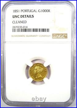 1851 Portugal Gold Maria II 1000 Reis Coin 1000R. NGC Uncirculated Detail UNC MS