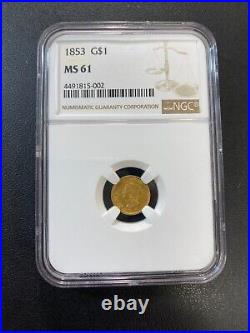 1853 Type One Gold Dollar Ngc Ms-61 Uncirculated Gold Certified Slab $1