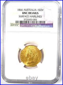 1866 Australia Victoria Gold Sovereign Coin 1S NGC Uncirculated Detail UNC MS