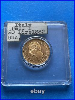 1882 R Italy 20 Lire Gold Coin. 1867 OZ Umberto KM-21 Gold Coin Uncirculated