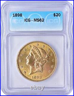 1898 Liberty Head Gold $20 Uncirculated ICG MS62 Philadelphia Minted