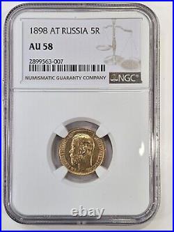 1898 Russia 5 Rouble Ruble Gold Uncirculated Coin NGC AU58