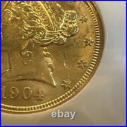 1904 $5 Liberty Gold Coin NGC MS61 SURVIVAL ESTIMATE IN MS = 3000 LOW MINTAGE