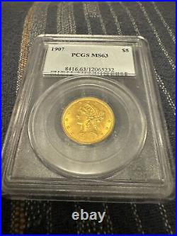 1907 Liberty Gold Half Eagle $5 Coin PCGS MS63 (BU UNC) Rare Gold Coin