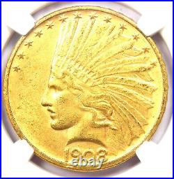 1908-D Indian Gold Eagle $10 No Motto Coin NGC Uncirculated Details (UNC MS)