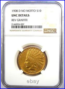 1908-D Indian Gold Eagle $10 No Motto Coin NGC Uncirculated Details (UNC MS)