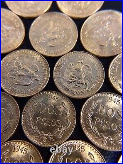 1945 Mexican Dos Pesos, Mexico Mexican 2 Peso Gold Coin. 0482 TOZ AGW BU UNC