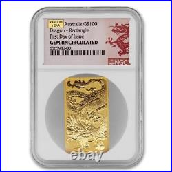 Australia Random Year $100 Gold Dragon Bar NGC GEMUNC FDOI 1oz 24KT coin