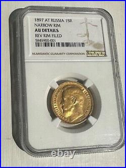 BRILLIANT UNCIRCULATED NARROW RIM 1897? Russia 15 Rouble Gold Coin NGC AU DET