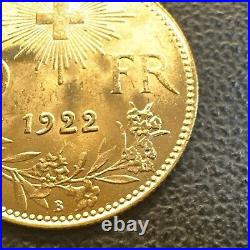 Bu Switzerland 1922 10 Ten Francs. 900 Gold Coin Km36.0933 Agw Low Mintage