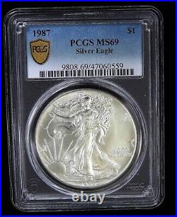 Gem 1987 Gold Shield Uncirculated American Silver Eagle $1 Dollar Coin Pcgs Ms69