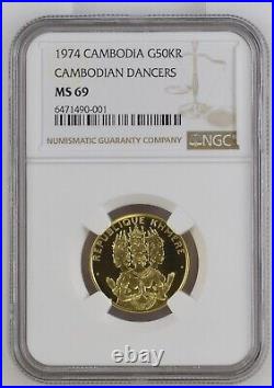 Ngc Ms-69 Cambodia Gold 50,000 Riels 1974 (cambodian Dancers) (rare)